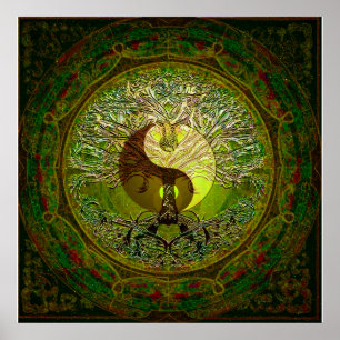 Poster Yin Yang vert avec arbre de vie