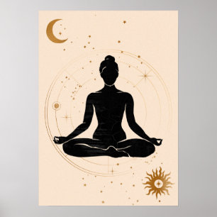 Poster Yoga lotus position silhouette système solaire or
