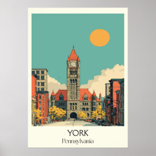 Poster York Pennsylvania Vintage Historic Clock Tower Art