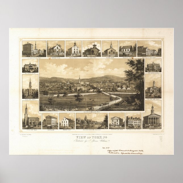 Poster York Pennsylvanie 1852 Carte panoramique antique (Devant)