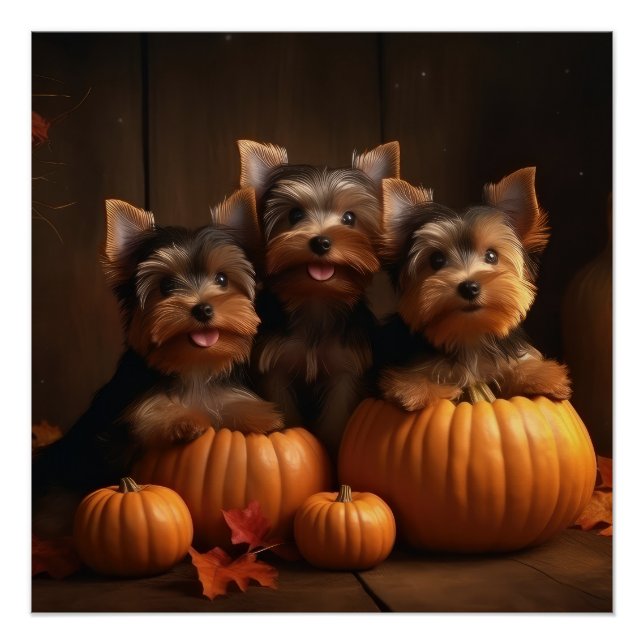 Poster Yorkshire Terrier Chiot Automne Citrouille délice (Devant)