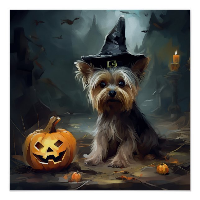 Poster Yorkshire Terrier Citrouilles Halloween effrayant (Devant)