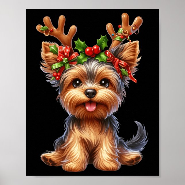 Poster Yorkshire Terrier Reindeer Santa Hat Noël Lumières (Devant)