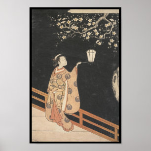 Poster Young Woman Admiring Plum Blossoms at Night art