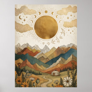 Poster Yourte de montagne à phase lunaire bohème céleste