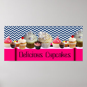 POSTER YUMMY CUPCAKES DESERT SHOP/ BLEU WHITE CHEVRON