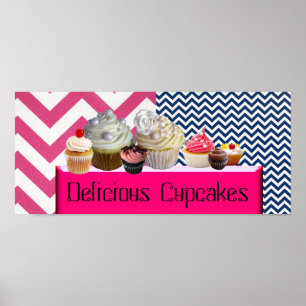 POSTER YUMMY CUPCAKES DESERT SHOP/ROSE BLEU CHEVRON BLANC