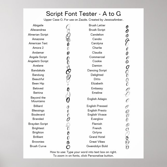 Poster Zazzle Script Font A - G Comparison - Upper Case O (Devant)