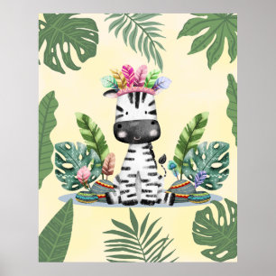 Poster Zebra Jungle Safari Palm Exotique feuilles Nursery