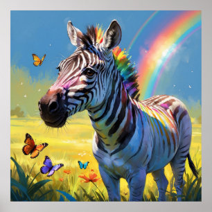 Poster Zèbre arc-en-ciel coloré avec des papillons Peintu