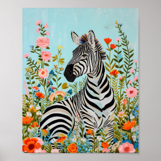 Poster Zèbre au milieu des fleurs 🦓