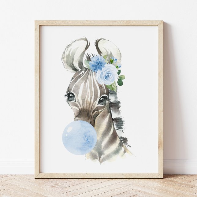 Poster Zèbre, Safari, gomme à bulles bleues, Garçon (Créateur téléchargé)