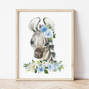 Poster Zèbre, Safari, Jungle, Fleurs Bleues, Chambre de G