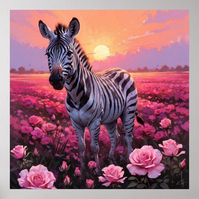 Poster Zèbre vibrant dans la peinture sur terrain rose (Devant)