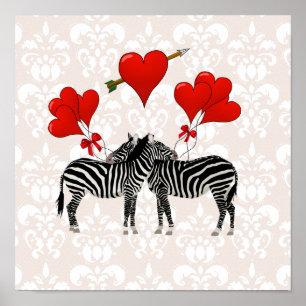 Poster Zèbres et coeurs sur damas rose