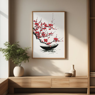 Poster Zen Boat & Blossom Minimaliste Ink Wall Art