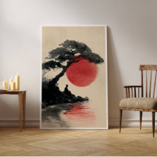 Poster Zen Monk Méditant Sunset Art - Impression minimali