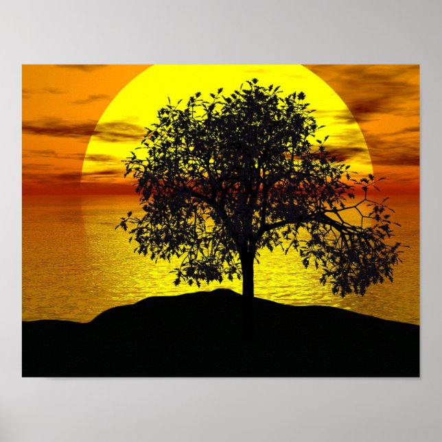 Poster Zen Tree Sunset Orange Jaune Océan Amour Pacifique (Devant)