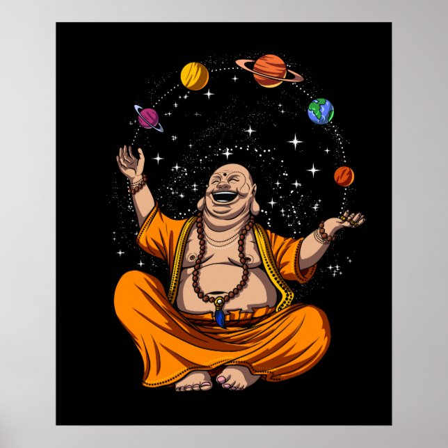 Poster Zen Yoga Bouddha Jongler Planètes spatiales Médita (Devant)