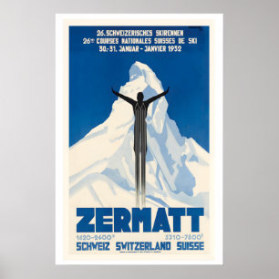 Poster Zermatt Suisse Course de Ski Suisse Ski Vintage