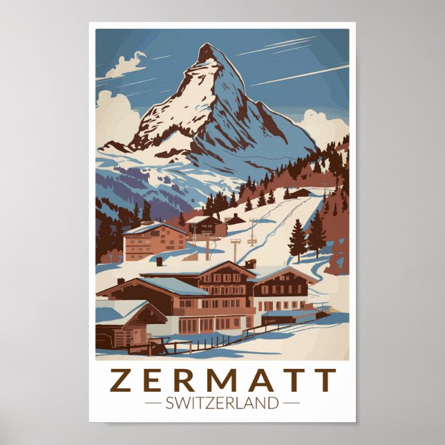 Poster Zermatt Suisse Illustration Voyage Art Retro (Devant)