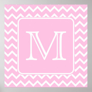 Poster Zigzags roses avec le monogramme fait sur commande