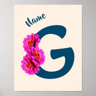 Poster Zinnia Flowers Monogramme initial G Votre nom 