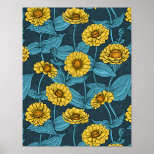 Poster Zinnias jaune sur bleu foncé