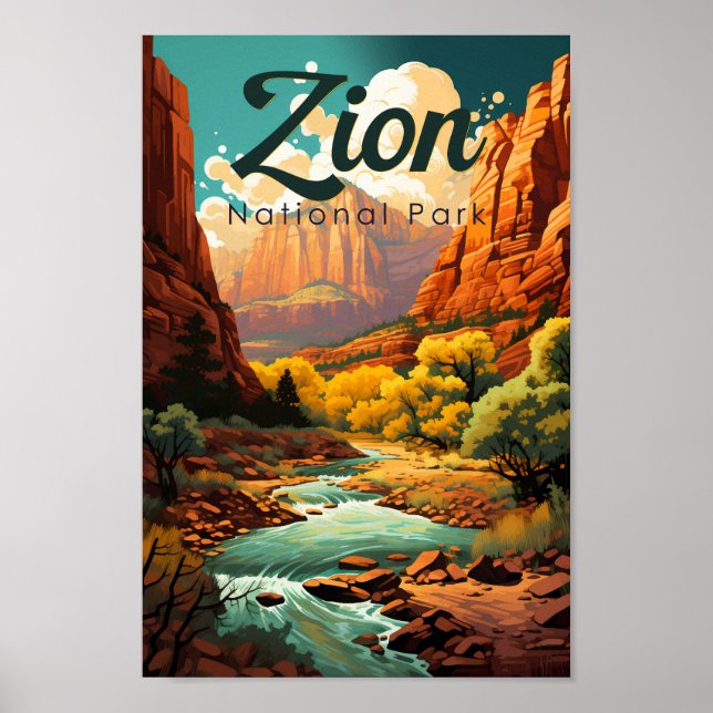 Poster Zion National Park Illustration Retro (Devant)