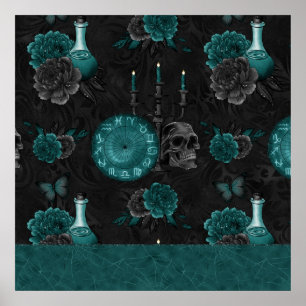 Poster Zodiac Magie   Turquoise foncé vert crâne gothique