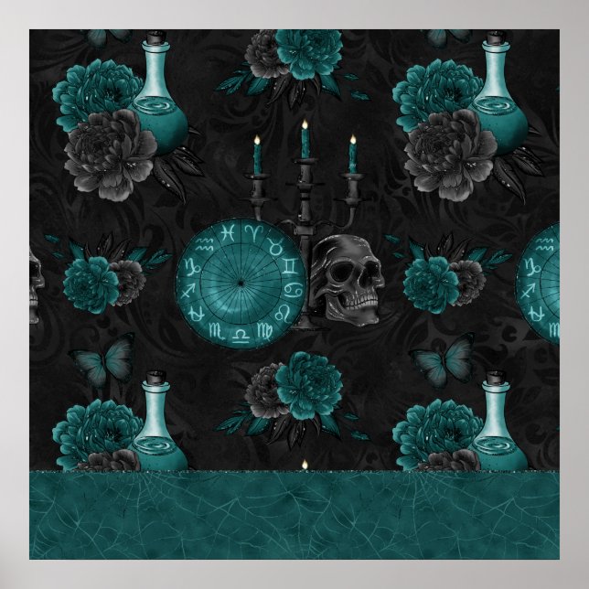 Poster Zodiac Magie | Turquoise foncé vert crâne gothique (Devant)