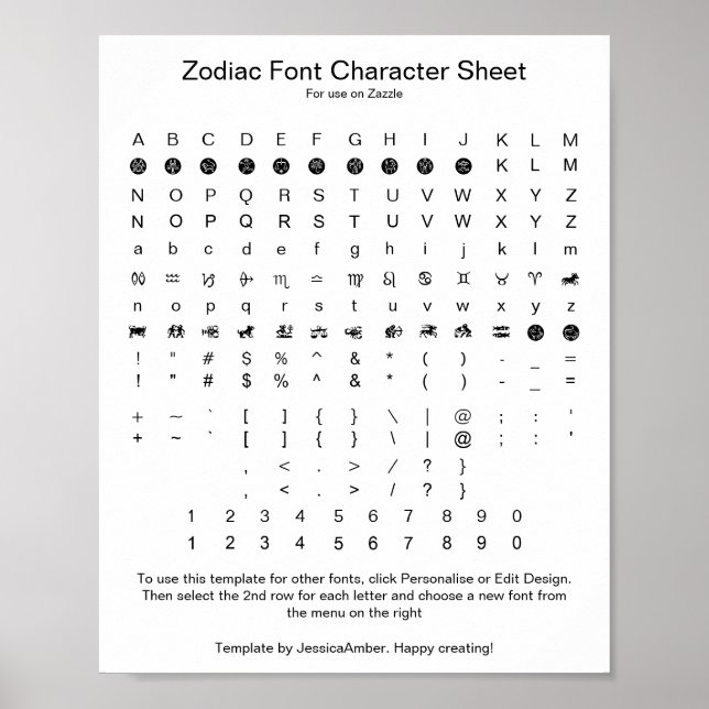 Poster Zodiac Symbol Font Chararacter Reference (Devant)