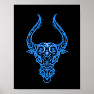 Poster Zodiaque de taurus bleu complexe sur noir