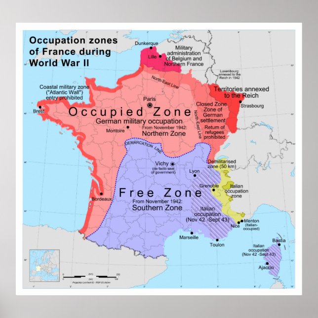 Poster Zones d'occupation de la France pendant la Seconde (Devant)