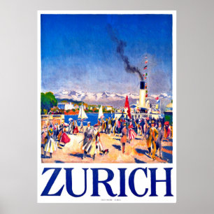 Poster Zurich, navire touristique sur le quai de la ville