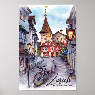 Poster Zurich Suisse Aquarelle Peinture Voyage