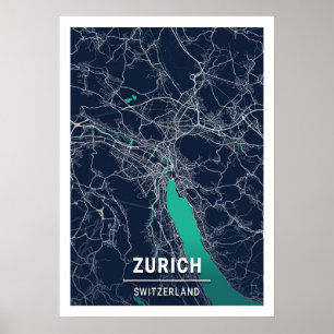 Poster Zurich - Suisse Carte de la ville bleue foncée