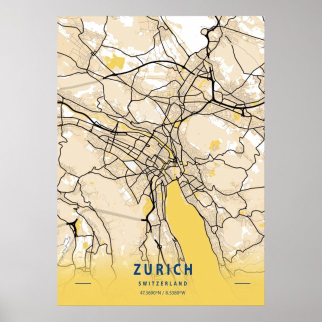 Poster Zurich - Suisse Carte de la ville jaune (Devant)