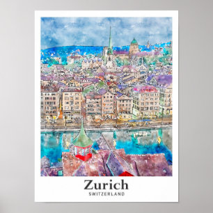 Poster Zurich Suisse Voyage Aquarelle main tiré