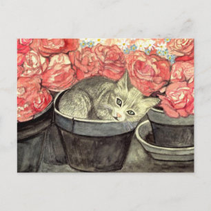 Postkarte Aquarell "Kätzchen im Blumentopf" Postcard