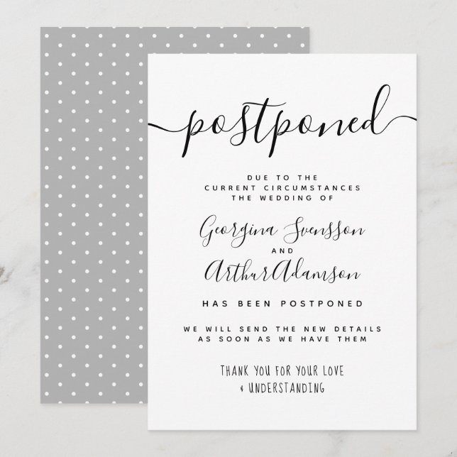 "Postponed" Black & White Script Wedding Change Invitation (Front/Back)