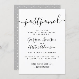 "Postponed" Black & White Script Wedding Change Invitation