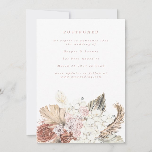 Postponed Blush Pink Bohemian Pampas Date Change Save The Date (Front)