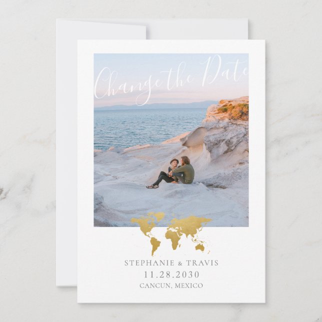 Postponed Destination Wedding Gold Map Photo Announcement (Front)