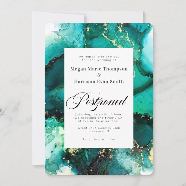 Postponed Emerald Jewel Tone Wedding Invitation (Front)