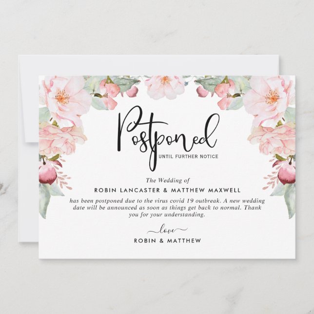 Postponed Event Announcement, Blush Floral Invitation (Front)