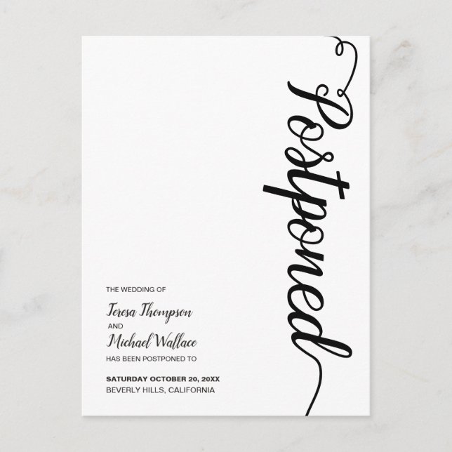 Postponed Script Simple Modern Wedding Postcard (Front)
