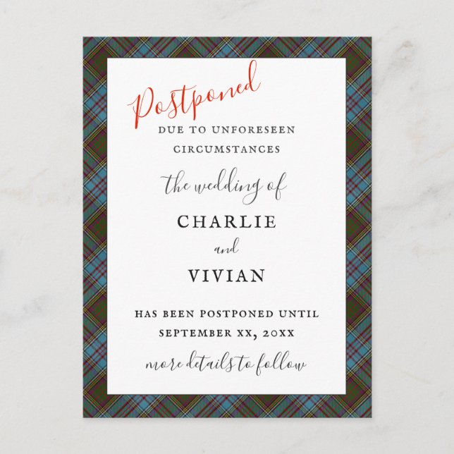 POSTPONED WEDDING Anderson Clan Tartan Plaid Postcard (Front)