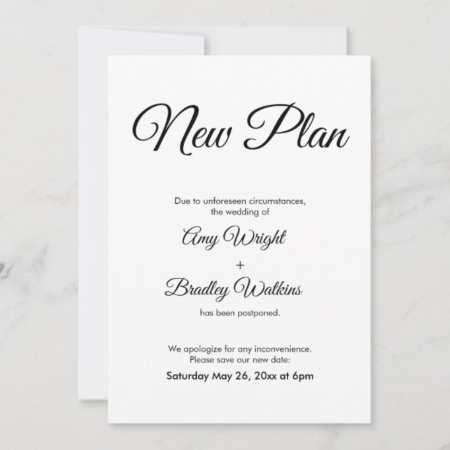 Postponed Wedding Announcement Elegant New Plan (Front)