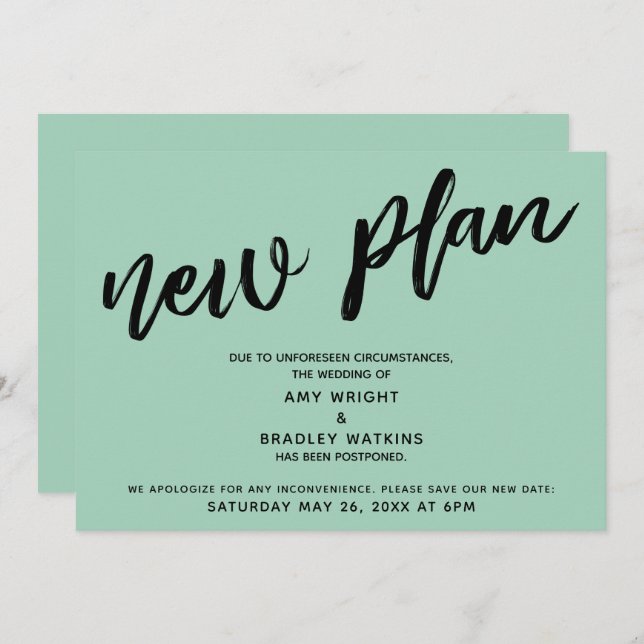 Postponed Wedding Announcement Green "New Plan" (Front/Back)